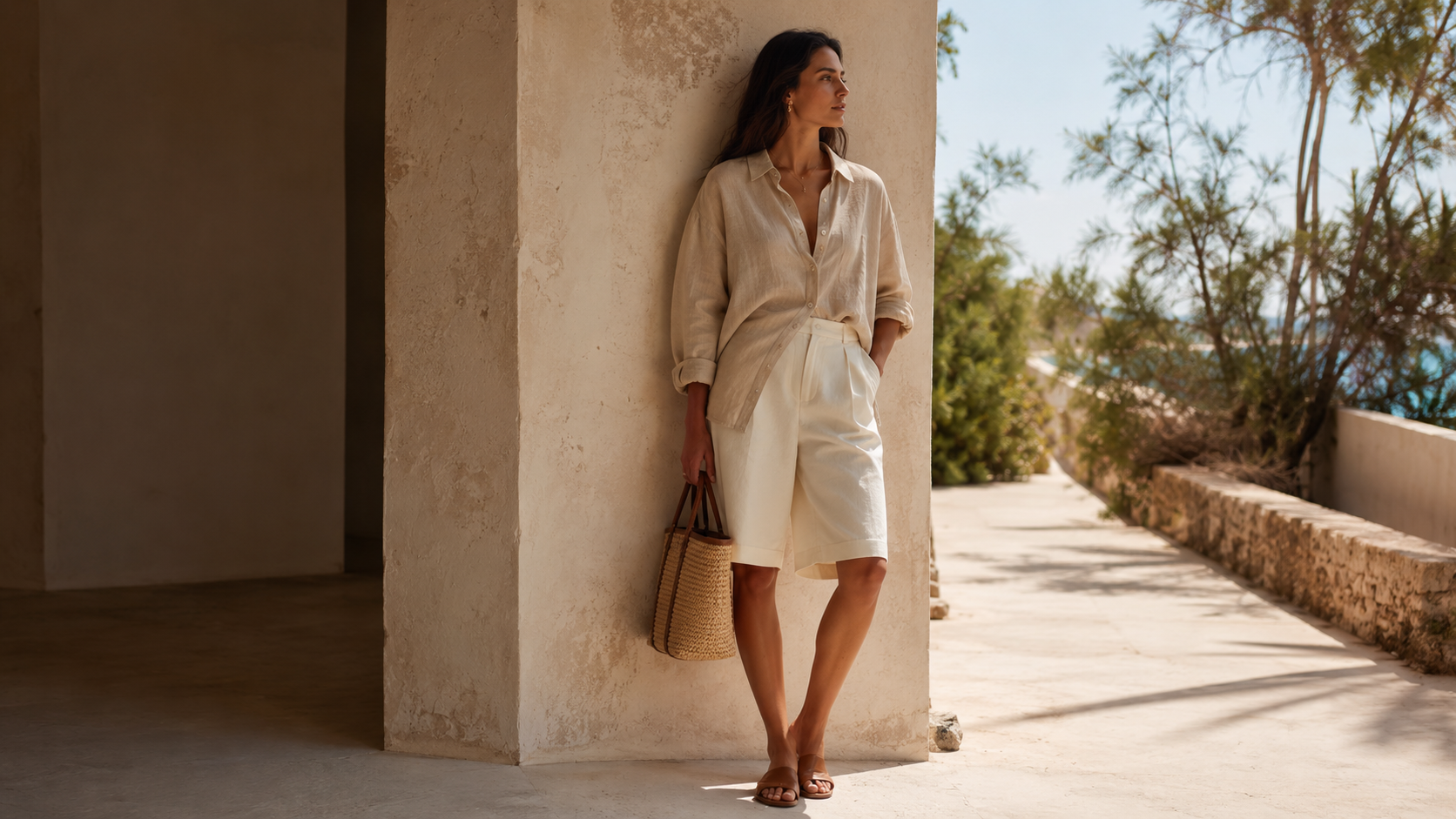 Long Linen Shorts Summer Outfit with Oversized Shirt